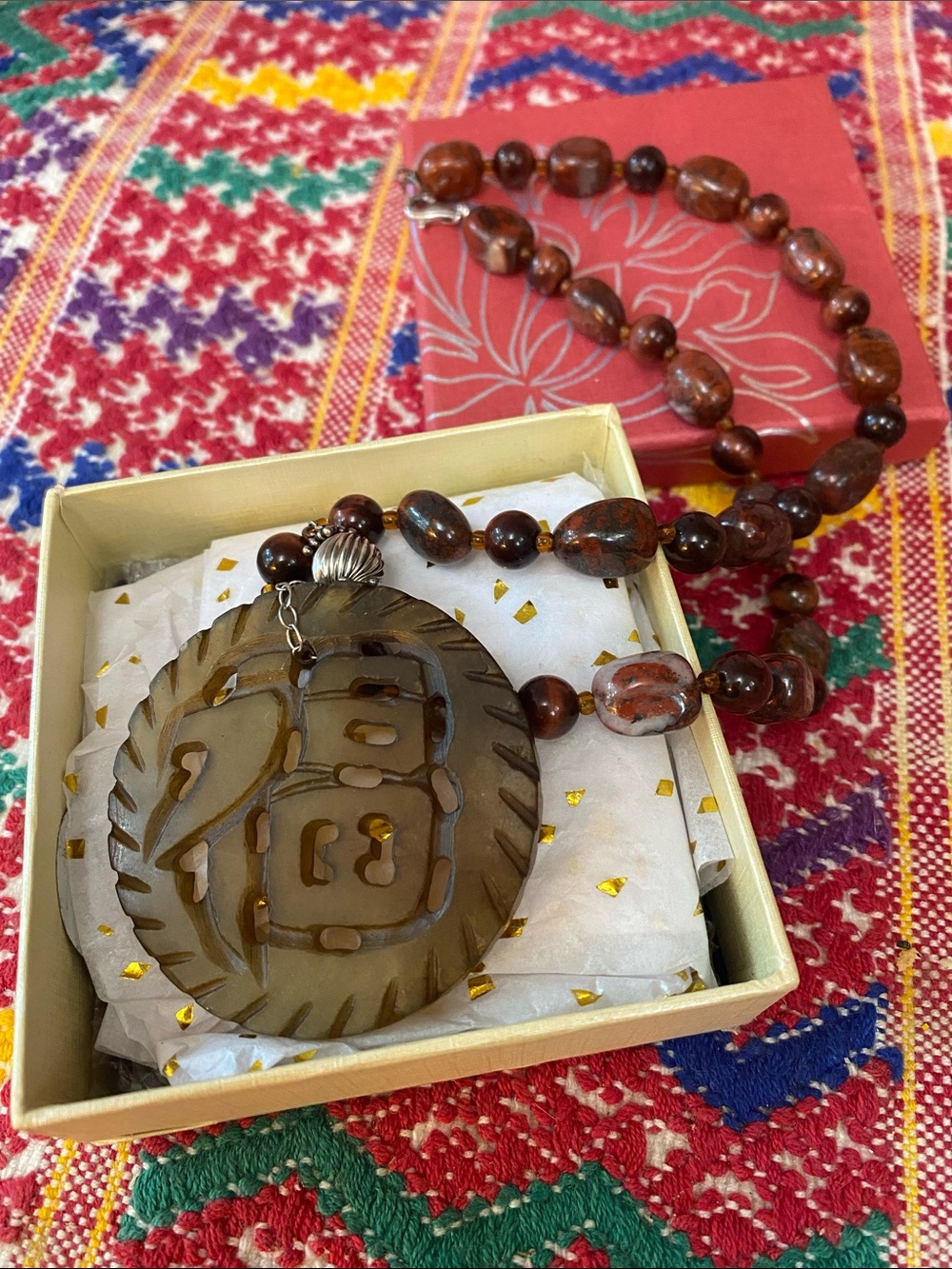 Red Jasper Stone Necklace with Carved Asian Symbol .925 Clasp